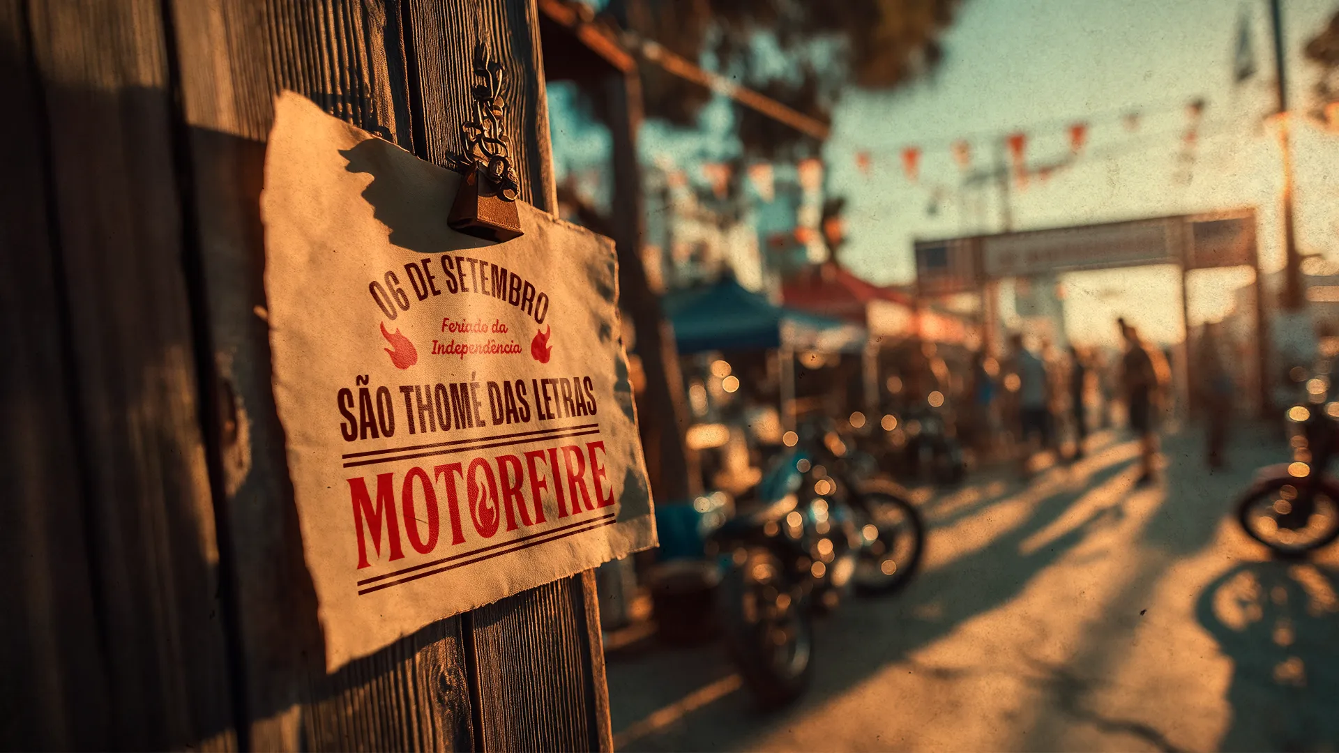 Cartaz do MOTORFIRE fixado em madeira com motos e festival ao fundo — São Thomé das Letras, 06 de setembro